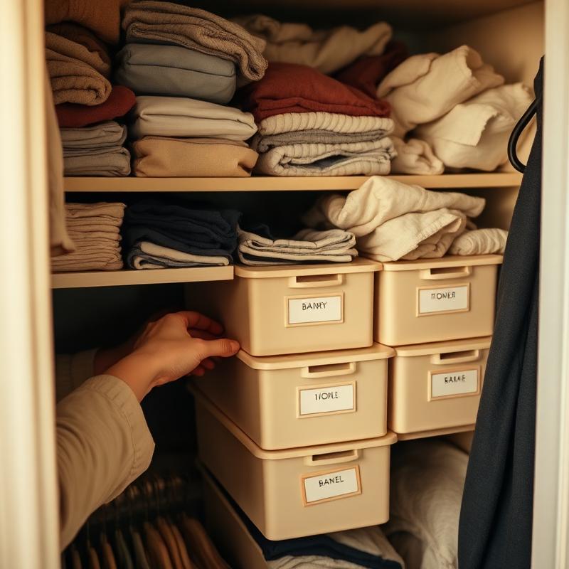 Hands sorting a closet shelf into labeled bins