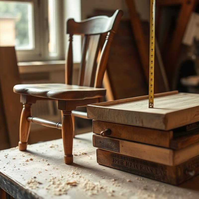 An old chair and salvaged lumber being measured on a workbench