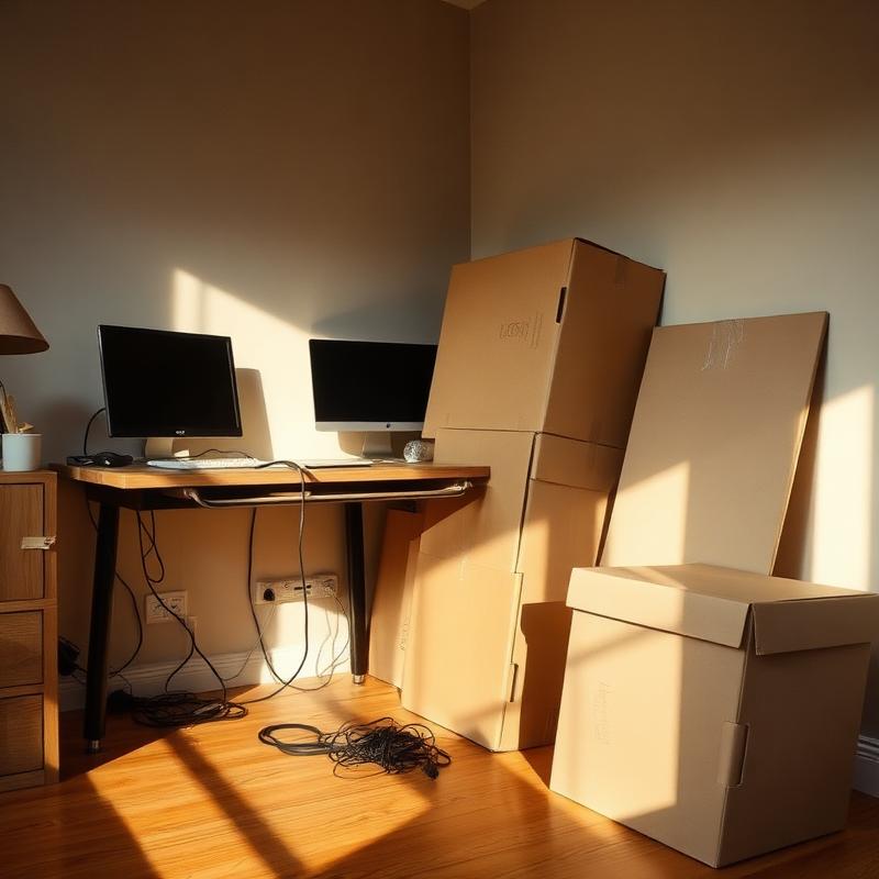 An awkward home office corner mid-reconfiguration